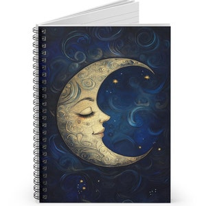 Celestial Dreams Spiral Notebook Ruled Line, Unique Gift for Writers, Journal Lovers, Moon Decor, Art Stationery, Witchy Notepad, Moon Face