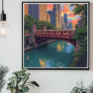 Stampa artistica del ponte sul fiume Chicago, poster con paesaggio urbano vibrante, decorazione murale urbana colorata, regalo con skyline di Chicago, stampa con architettura del centro città