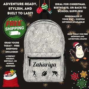 Sac à dos personnalisé avec topographie pour garçons, sac d'école personnalisé imperméable, sac à dos de voyage de randonnée, cadeau léger pour la rentrée scolaire