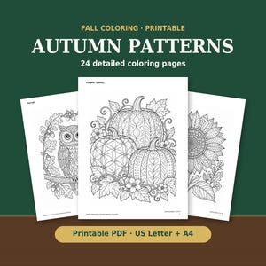 Adult Fall Coloring Pages, 24 Detailed Autumn Pattern Coloring Sheets, Leaves Pumpkins Woodland Animals, Printable PDF