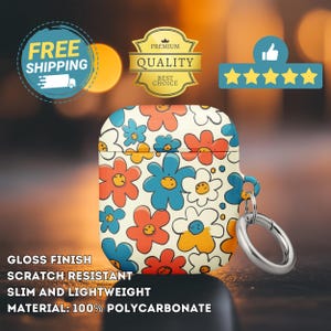 Estuche para AirPods con diseño de flores de dibujos animados con mosquetón, diseño pop art divertido, cubierta brillante y ligera, regalo para adolescentes o mujeres, resistente a rayones.