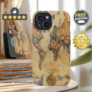 ヴィンテージ世界地図 MagSafe iPhoneケース スリム 耐久性 耐衝撃 カバー 地図作成 ギフト iPhone 15 Pro Max対応 マット/光沢オプション