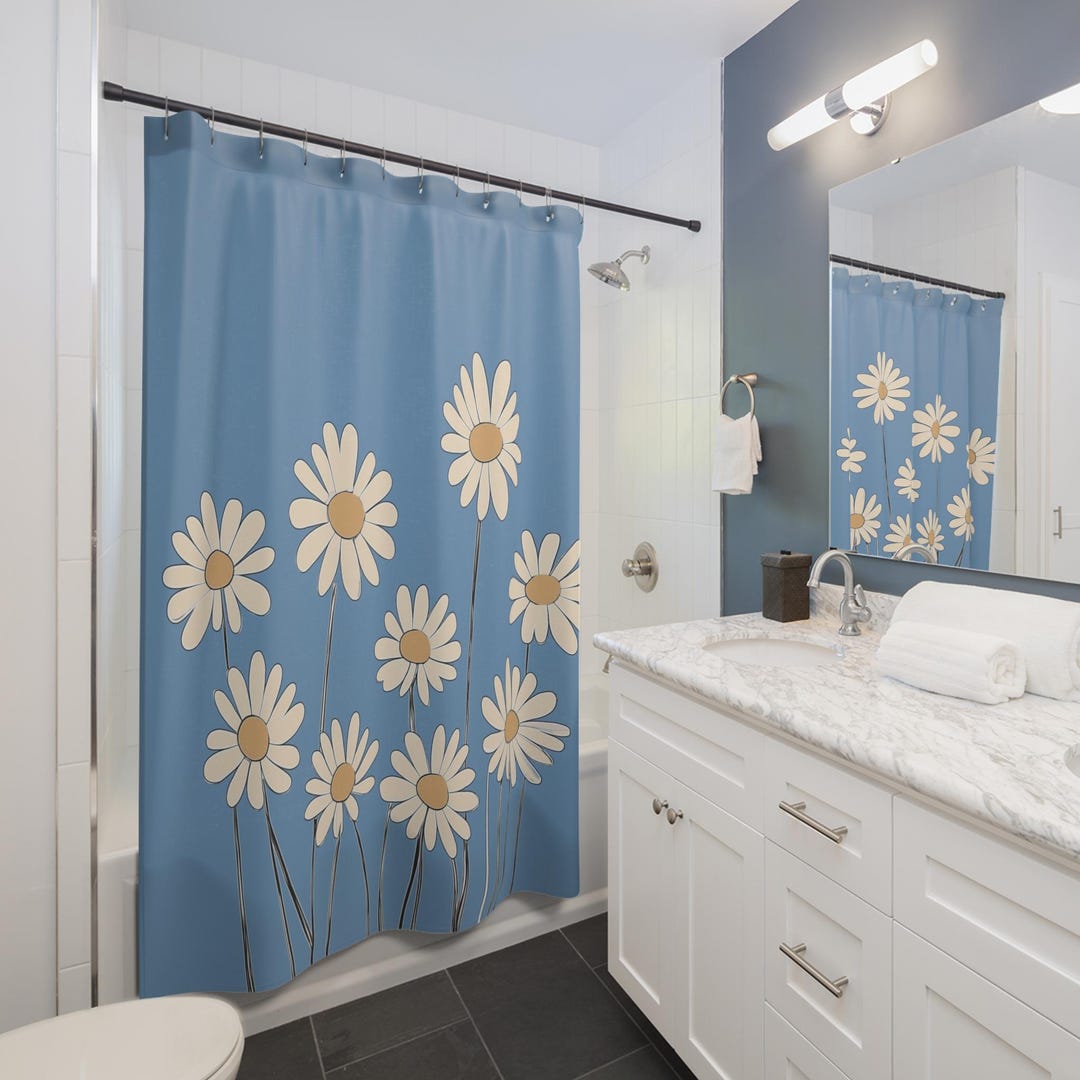 Modern Blue Floral Bathroom Decor Stylish 100% Polyester Minimal ...