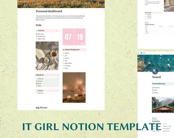 Può includere: Uno screenshot di una pagina di Notion con un modello di dashboard personale. Il modello include sezioni per attività quotidiane, check-in, riflessione, viaggi e programmi. La pagina è progettata con un'estetica minimalista e presenta immagini di libri, candele e un globo terrestre.