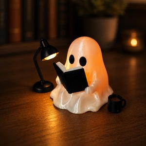 May include: A translucent white ghost figurine illuminated from within, holding an open black book. Beside the ghost is a small black desk lamp with a warm light and a tiny black mug. The ghost has two solid black oval eyes.