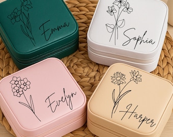 Personalized Birth Flower Jewelry Box – Gift for Mom with Name, Custom Engraved Travel Case, Birthday Gift, Mother’s Day Keepsake