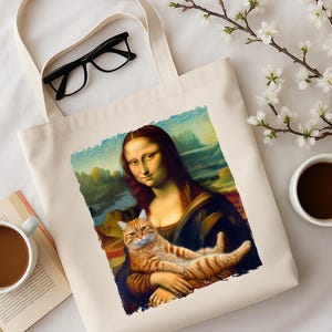 Mona Lisa Cat Tote Bag, Funny Art Lover Gift, Aesthetic Canvas Bag, Vintage Renaissance Cat Tote, Unique Gift for Her or Cat Moms
