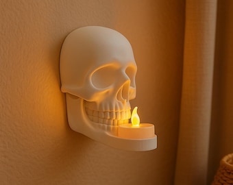 Skull Candle Holder Wall Decor, Spooky LED Tea Light, Gothic Halloween Art