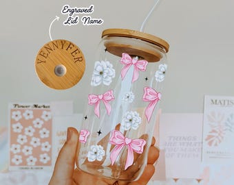 Coquette Glass Cup, Pink Bow Tumbler, Engraved Bamboo Lid