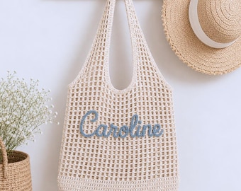 Personalisierte Tasche, personalisiertes Geschenk für Mutter, gehäkelte Schultertasche, Strandtasche, handgemachte Sommertasche