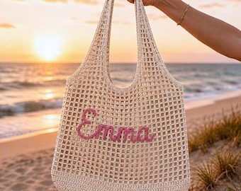 Personalized Beach Tote Bag, Custom Crochet Mesh Bag, Summer Vacation Tote, Bridesmaid Beach Gift, Personalized Name Bag