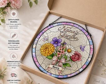 Personalized Birth Flower Suncatcher Gift Box, Custom Mom or Grandma Garden Window Hanging, Ready to Gift Keepsake with Name