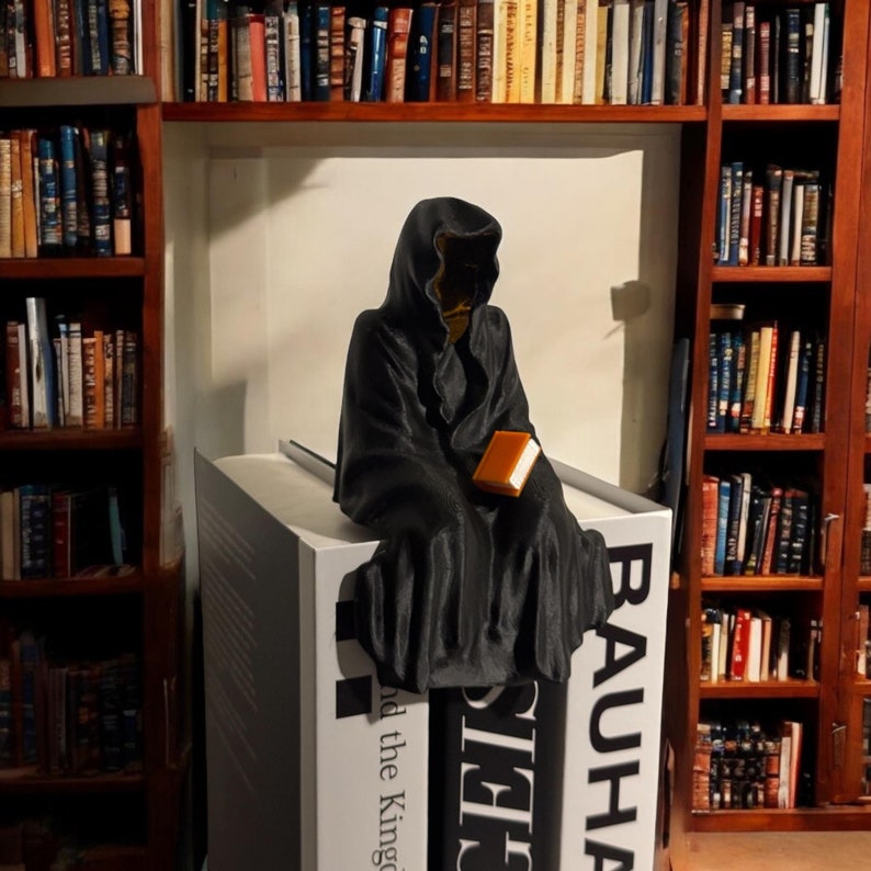 May include: A black hooded figure sits on a stack of books with a small orange book in its hand. The books are stacked on a white surface with the text "Bauhaus" and "and the King" visible. The figure is in front of a bookshelf filled with books.