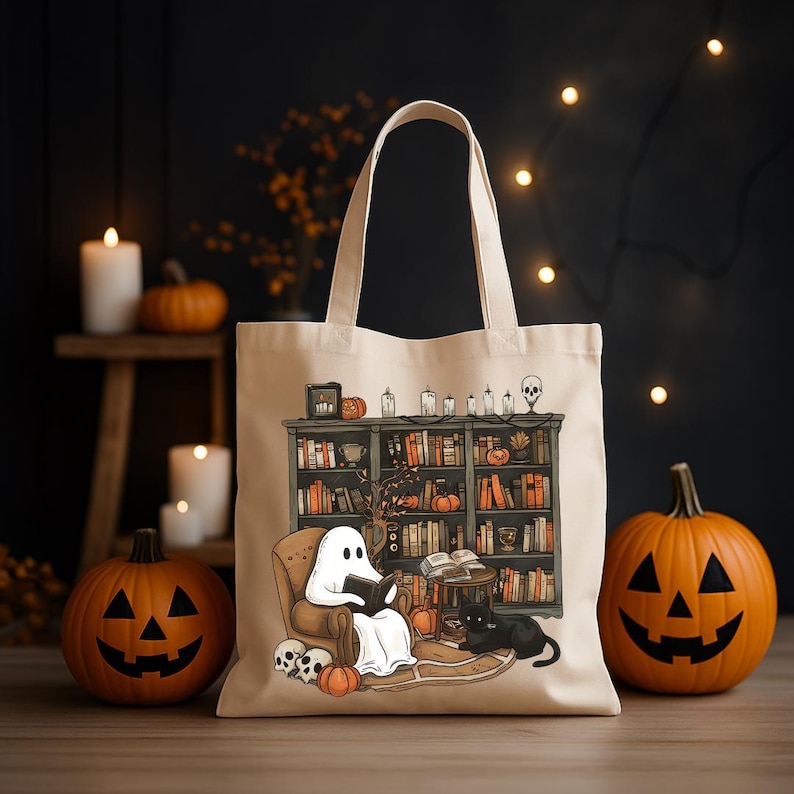 Op de afbeelding: Een beige tote bag met een Halloween-thema ontwerp. Het ontwerp toont een geest die een boek leest in een stoel, een zwarte kat en een boekenkast vol boeken en kaarsen. De tas heeft twee handvatten.