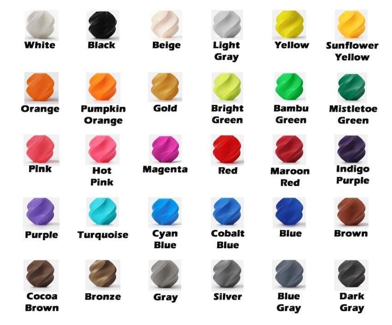 Puede incluir: Una carta de colores con 30 colores diferentes, cada uno mostrado como una peque&ntilde;a esfera texturizada. Los colores van desde el blanco, negro y beige hasta tonos vibrantes como el amarillo, naranja, rosa y verde, con etiquetas.