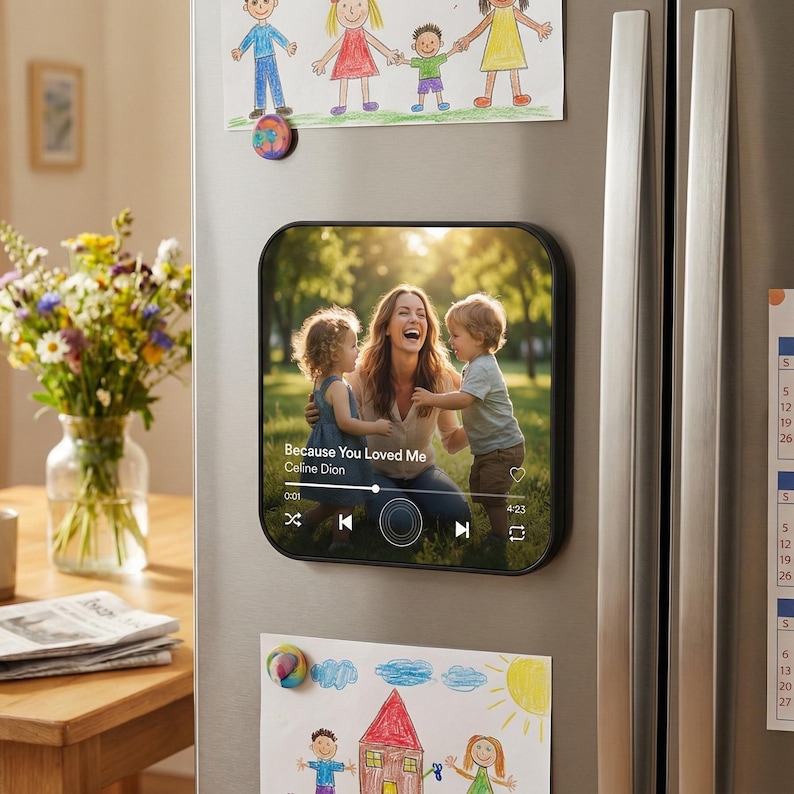 May include: A black rectangular magnet with rounded corners, displaying a photo of a woman and two children. The text "Because You Loved Me" by Celine Dion is visible. The magnet is attached to a stainless steel refrigerator door.