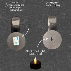 May include: Two black metal candle holders with circular bases, one with 3M double-sided tape and the other with a hole for anchoring. A black tea light candle is included. Text on the image reads: Mount with 3M double Side Tape (INCLUDED) and Or Anchor (INCLUDED).