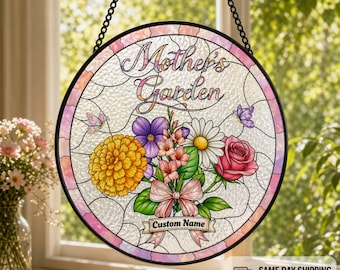 Personalized Birth Flower Suncatcher for Mom, Custom Mother's Garden Window Hanging, Kids Birth Month Flowers Gift, Mother’s Day Gift