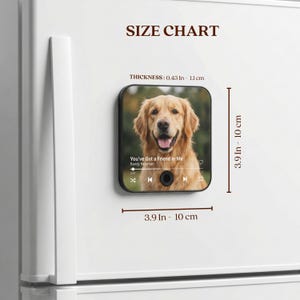 May include: Square magnet featuring a Golden Retriever with the text "You've Got a Friend in Me." The magnet is 3.9 inches (10 cm) wide and tall, with a thickness of 0.43 inches (1.1 cm).