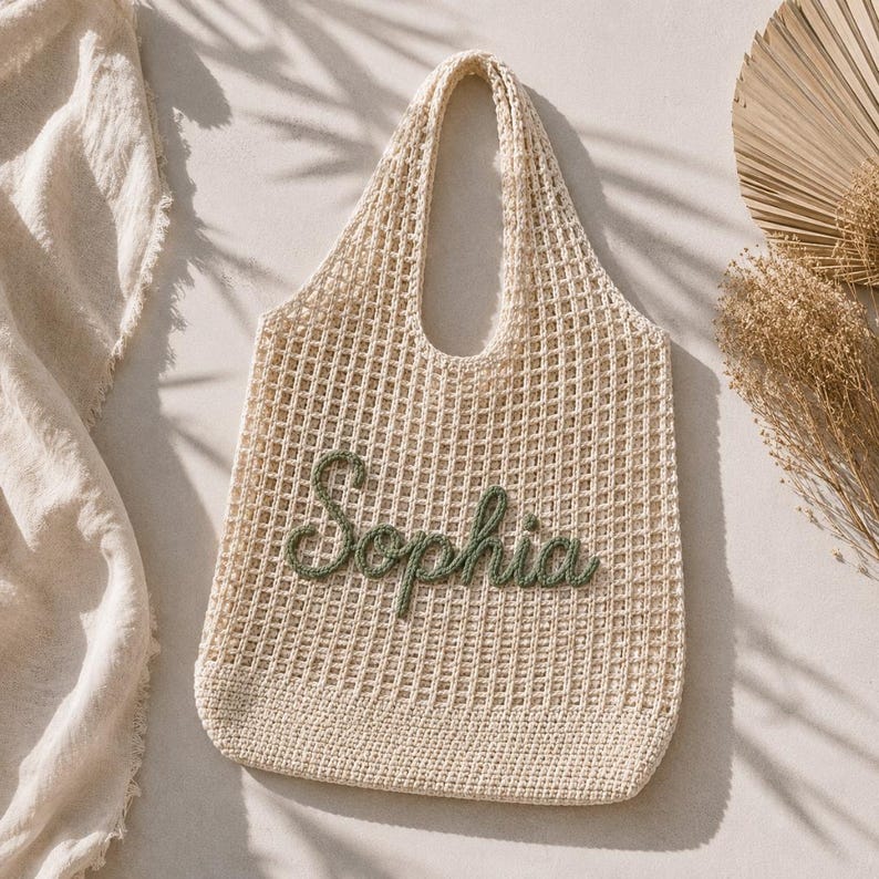 May include: A cream-coloured, open-weave tote bag with the name "Sophia" embroidered in green cursive. The bag has a rectangular base and a single handle. The background includes a white cloth and dried plants.