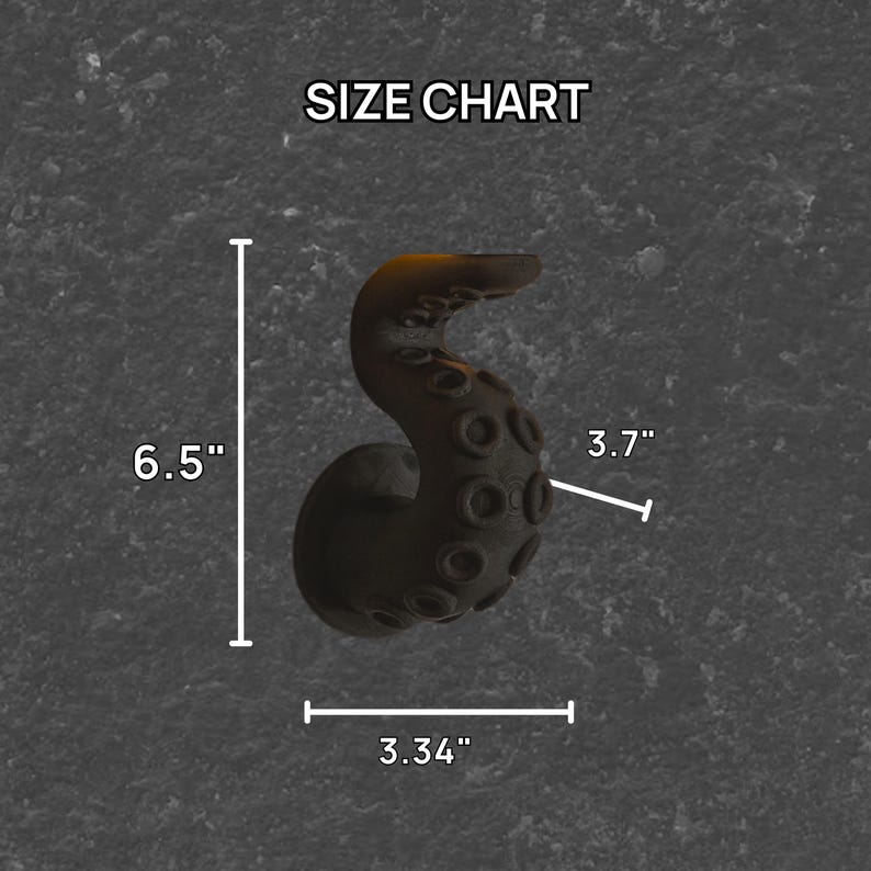 May include: A dark brown tentacle-shaped object with a textured surface, featuring suction cups. The image includes a size chart, indicating the tentacle is 6.5 inches tall, 3.34 inches wide, and 3.7 inches in diameter.