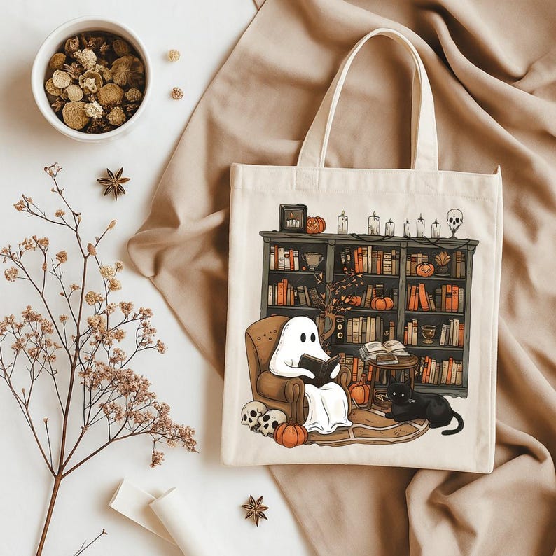 Op de afbeelding: Een witte tote bag met een zwart-witte illustratie van een geest die een boek leest in een bibliotheek. De bibliotheek heeft een donkerhouten boekenkast vol boeken en een zwarte kat die op de grond zit. De tote bag heeft een cr&egrave;mekleurige achtergrond en de illustratie bevindt zich in het midden van de tas.