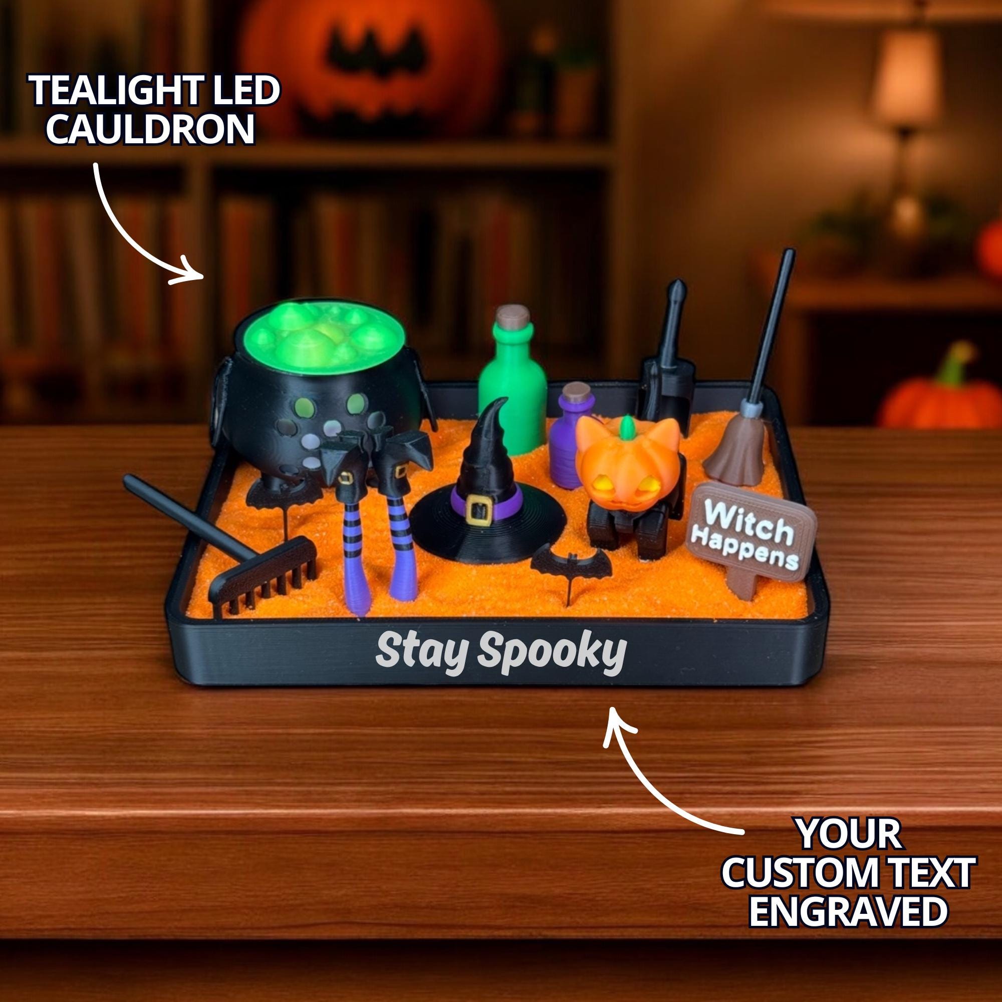 Jardim Zen de Halloween com Caldeirão de LED, Acessórios de Bruxa e Areia Laranja – Decoração Assustadora Personalizada para Amantes de Halloween e Casas Mal-Assombradas