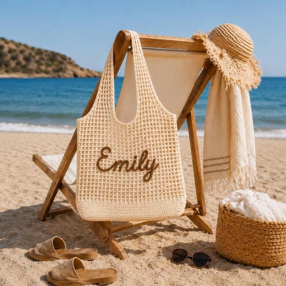 Personalized Coastal Tote Bag, Crochet Market Bag, Neutral Beach Tote, Aesthetic Summer Bag, Custom Name Gift for Her
