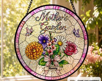 Custom Birth Flower Family Suncatcher, Personalized Garden Window Decor, Kids Birth Month Flowers Keepsake Gift, Custom Name Glass Art