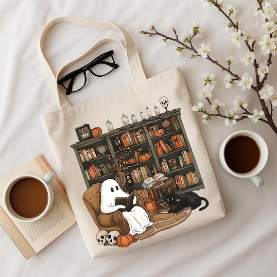 Ghost Reading Tote, Dark Academia Book Bag, Fall Halloween Canvas