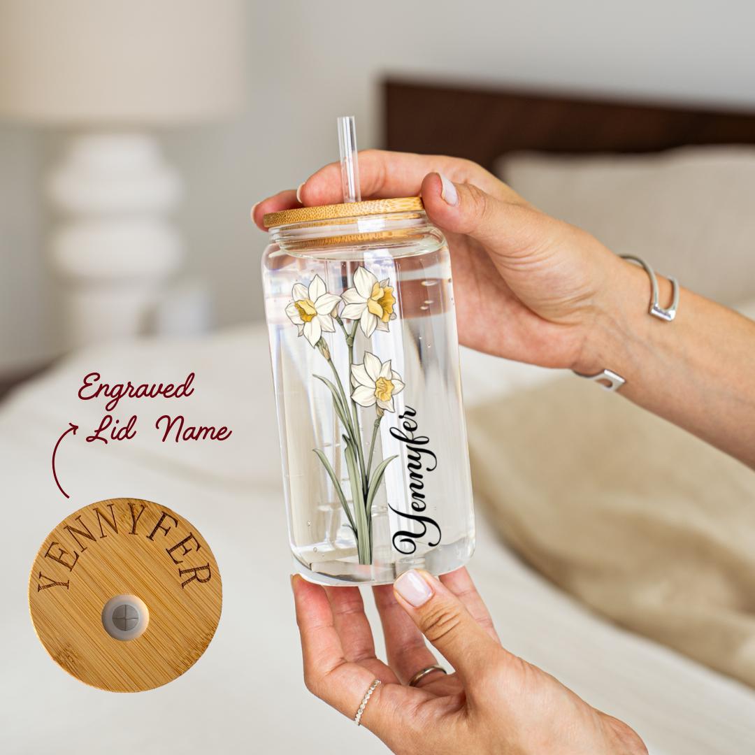 Personalized  Iced Coffee Cup Birth Flower Tumbler, Gifts for Her, Bridesmaid Proposal Gift, Mother's Day Gift, Birthday Present, Glass Cup