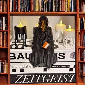 Suriel / Ghost / Grim Reaper Figurine with LED Candle- with Book Attached! Bookshelf Decor, Unique Gothic Gift, Spooky Shelf Decoration