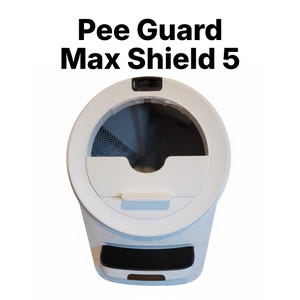 May include: A white pet product with the text "Pee Guard Max Shield 5" in black. The product has a circular opening and a black rectangular base. The design includes a white door and a mesh interior.