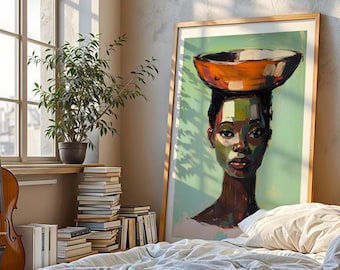 African Wall Art Contemporary Retro Wall Artwork Black Woman Portrait Digital Download Minimal African American Print Modern Afrocentric Art