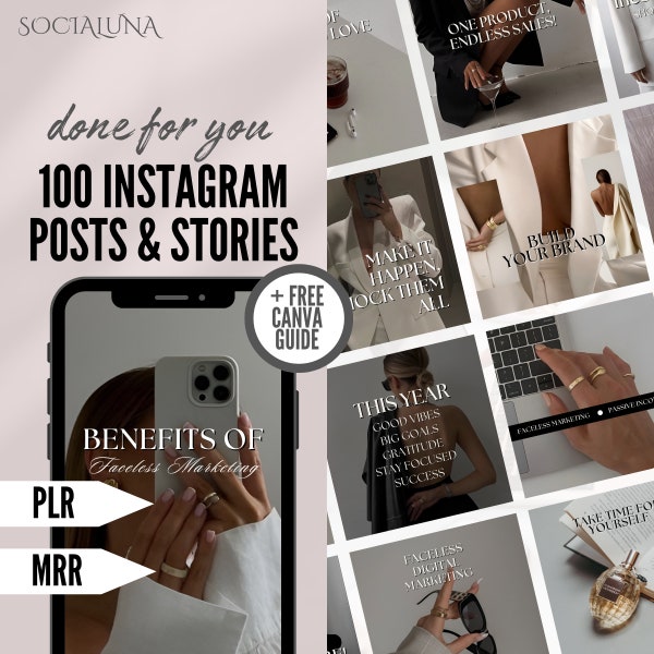 PLR MRR 100 Instagram Posts Templates Social Media Post Editable Canva Template Instagram Stories Master Resell Rights plr Done For You