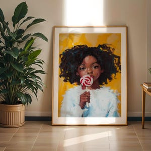 Afrikanische Wand Kunst Zeitgenössisch Retro Schwarze Mädchen Porträt Digital Cute Kinder Wand Kunst Abstrakt African American Kid Lollipop Print Afro