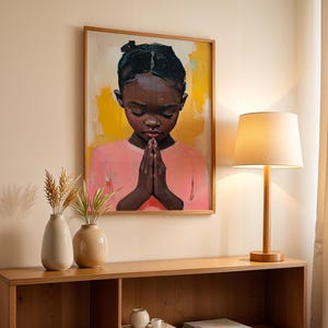 African Wall Art Contemporary Retro Black Girl Portrait Digital Geometrical Wall Art Abstract African American Kid Praying Afrocentric Print