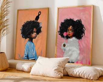 Afrikanische Wandkunst Zeitgenössische Retro Schwarzer Junge Schwarzes Mädchen Porträt Digital niedlich Kinder Wandkunst Abstrakt Afrocomb Amerikanischer Druck Kultur Kinder