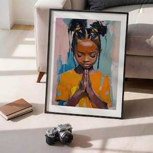 African Wall Art Contemporary Retro Black Girl Portrait Digital Geometrical Wall Art Abstract African American Kid Praying Afrocentric Print