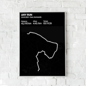 Affiche de carte course à pied personnalisée numérique - 10 km semi marathon - Itinéraire strava ou gpx - Cadeau et souvenir pour coureur