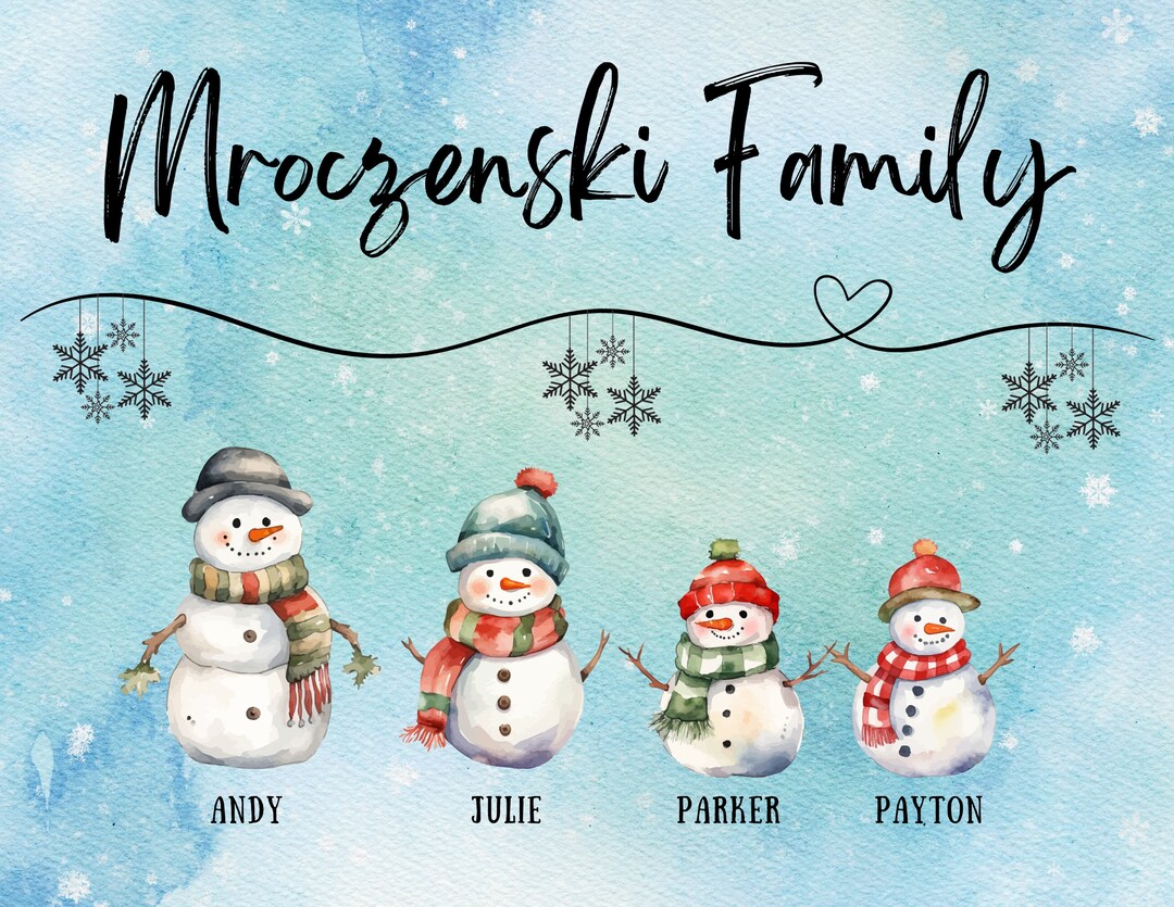Personalized Snowman Family Art Print Watercolor Effect Custom Snowmen ...