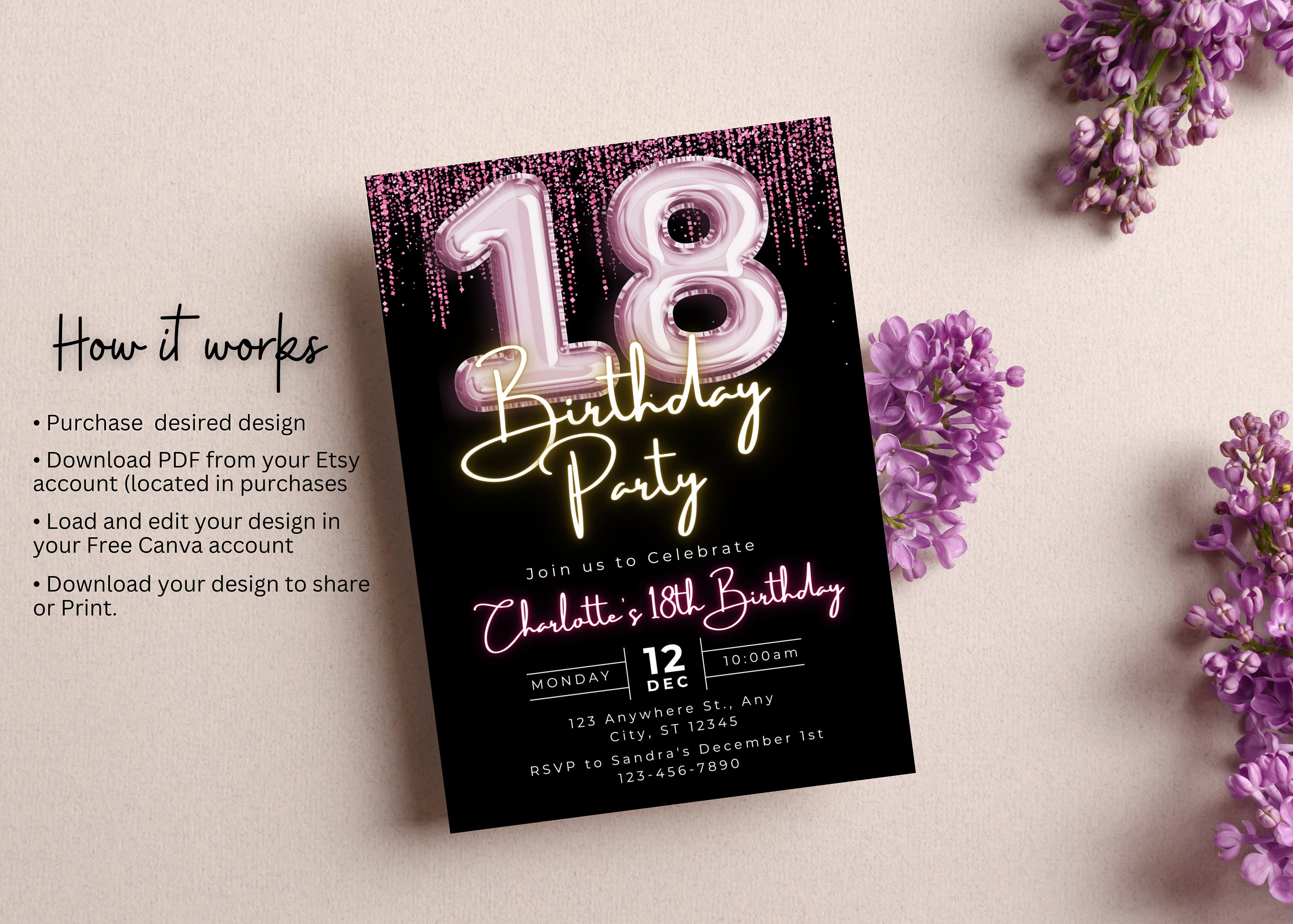 Editable 18th Birthday Invitation Template, Printable Pink Balloon ...
