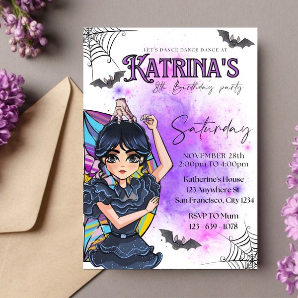 Digital Wednesday Birthday Invitation Download for Print or Text 5x7 Wednesday Addams Printable Invite Self-Editable Template