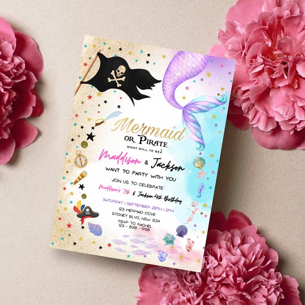 Editable Digital Mermaids and Pirates Birthday Invitation instant Download Printable Invite Self-Editable joint mermaid and pirates Template