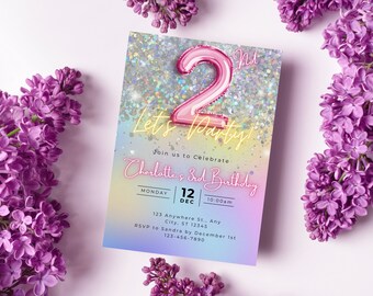 Modèle d'invitation de 2e anniversaire scintillant modifiable, deuxième anniversaire ballon rose imprimable, invitation auto-modifiable de milstone