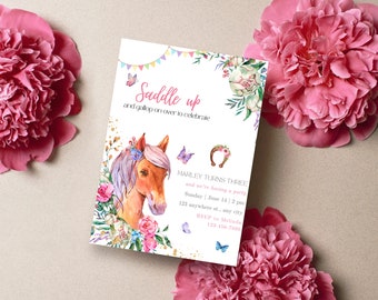 Anniversaire floral cheval, fête d'anniversaire en selle, fête d'anniversaire cow-girl, invitation photo numérique Evite, invitation d'anniversaire ferme florale