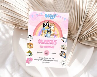 Modèle d'invitation d'anniversaire rose Bluey Faire-part d'anniversaire Bluey et Bingo Faire-part numérique modifiable sur toile Faire-part imprimable