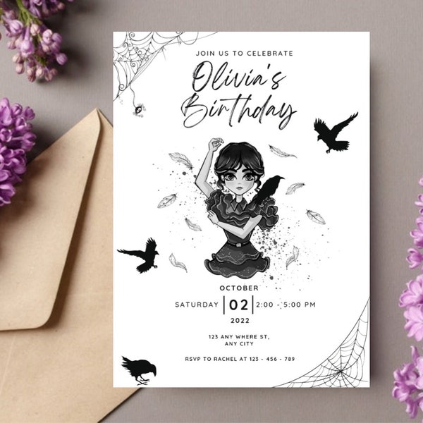 Digital Wednesday Birthday Invitation Download for Print or Text 5x7 Wednesday Addams Printable Invite Self-Editable Template