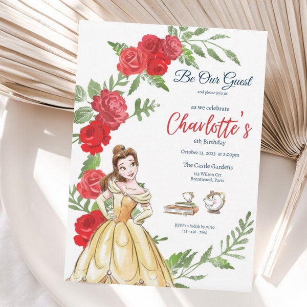 Princess Birthday Invitation, Beauty and the beast Invite, Princess Belle Birthday Party Invites, Princess Evite, Mobile Editable Digital