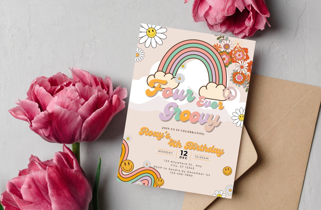 Editable Four Ever Groovy Invite Groovy 4th Birthday Invite Daisy ...